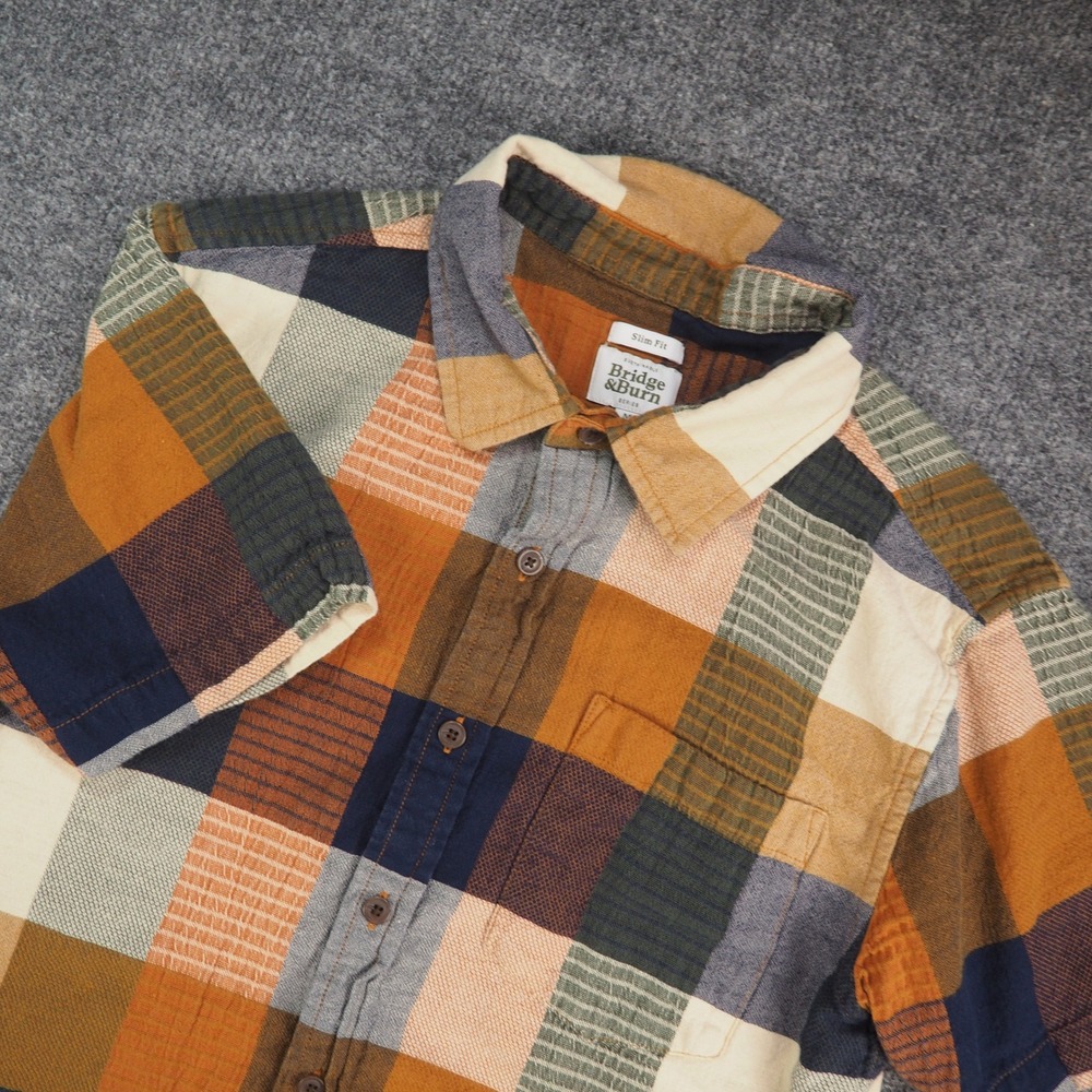 Bridge & Burn Shirt Mens Med Slim Fit Plaid Short Sleeve Button Up Workwear